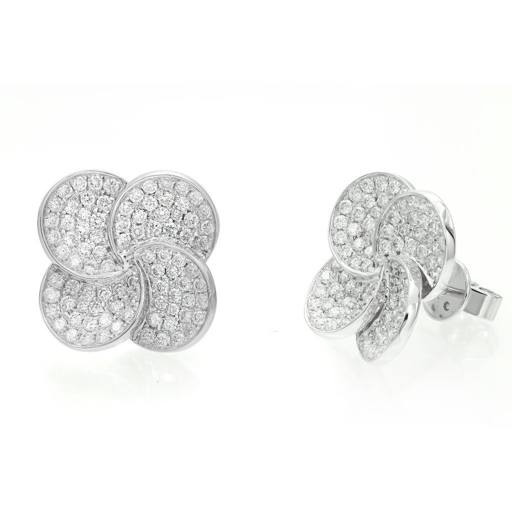 Pave Set Round Cut Diamond Flower Stud Earring 18K White Gold 1.44Cttw - Picture 2 of 4
